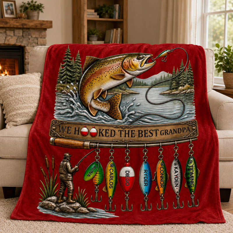 Personalized We Hooked The Best Papa Soft Throw Blanket with Name Home Decor Custom Father's Day Birthday Gift for Dad Grandpa Fishing Lover