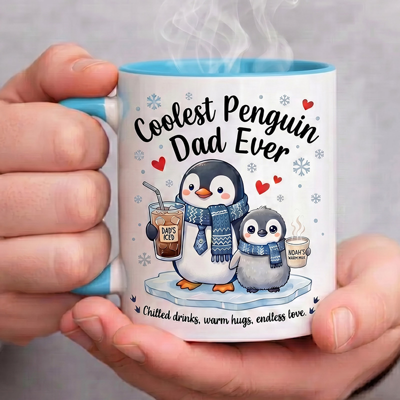 Personalized Dad & Baby Penguin Design 11 oz Ceramic Mug with Name Coolest Penguin Dad Ever Mug Birthday Gift for Dad