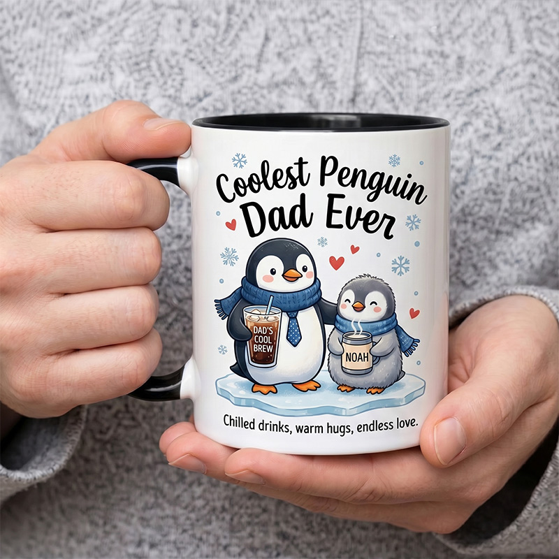 Personalized Dad & Baby Penguin Design 11 oz Ceramic Mug with Name Coolest Penguin Dad Ever Mug Birthday Gift for Dad