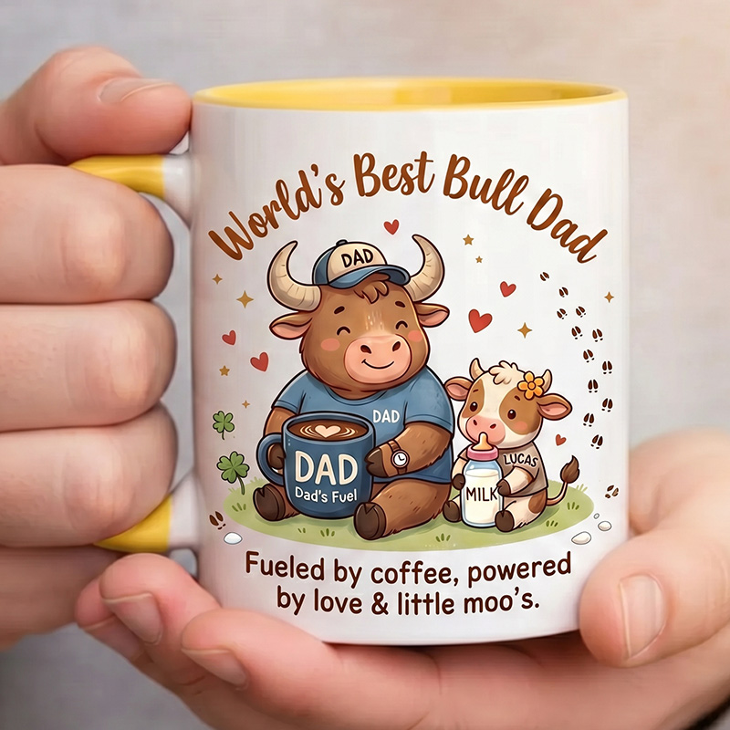 Personalized Dad & Baby Cow Design 11 oz Ceramic Mug with Name World’s Best Bull Dad Mug Birthday Gift for Dad