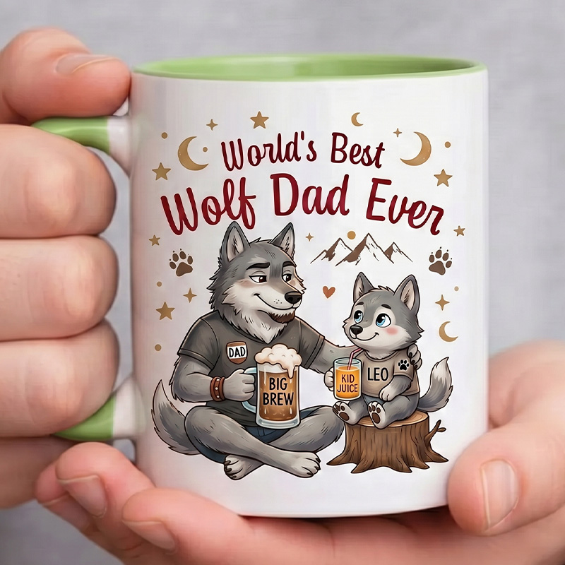 Personalized Dad & Baby Wolf Design 11 oz Ceramic Mug with Name World’s Best Wolf Dad Ever Mug Birthday Gift for Dad