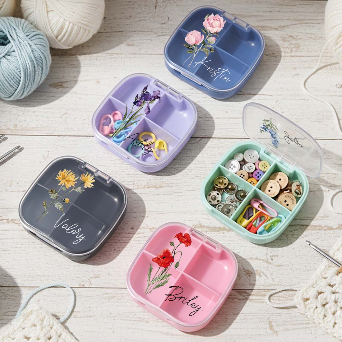 Personalized Knitting Crochet Notions Case Mini Storage Box Custom Name with Birth Flower Crochet Tool Organizer 4 Compartments Multi Section Stitch Markers Point Protectors Tools Travel Compartments Case