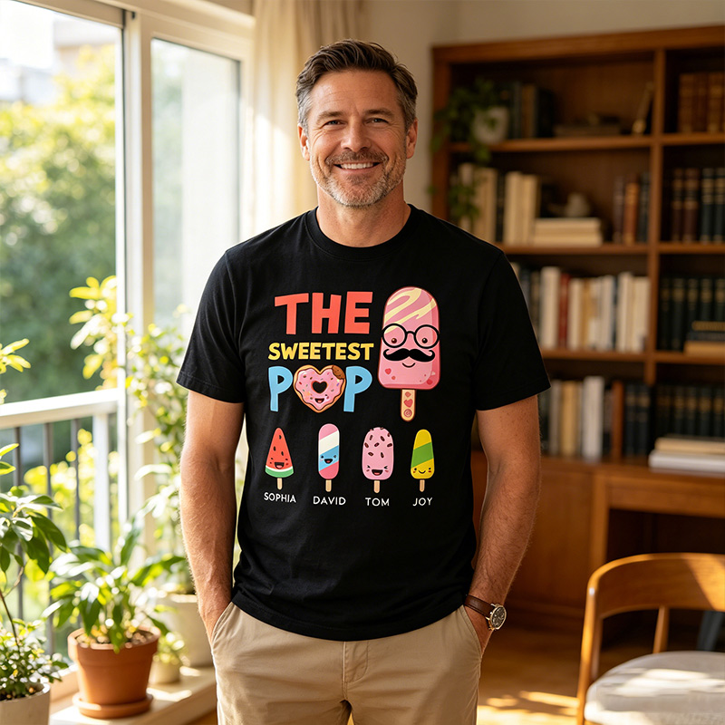 Personalized The Sweetest Pop Shirt Custom Dad T-Shirt with Kids Names Birthday Gift Father's Day Gift For Grandpa Dad