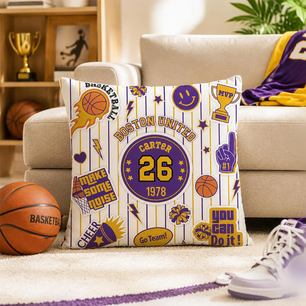 Personalized Sports Throw Pillow Custom Name Number Team Jersey Style Cushion Gift for Athlete Sports Fan