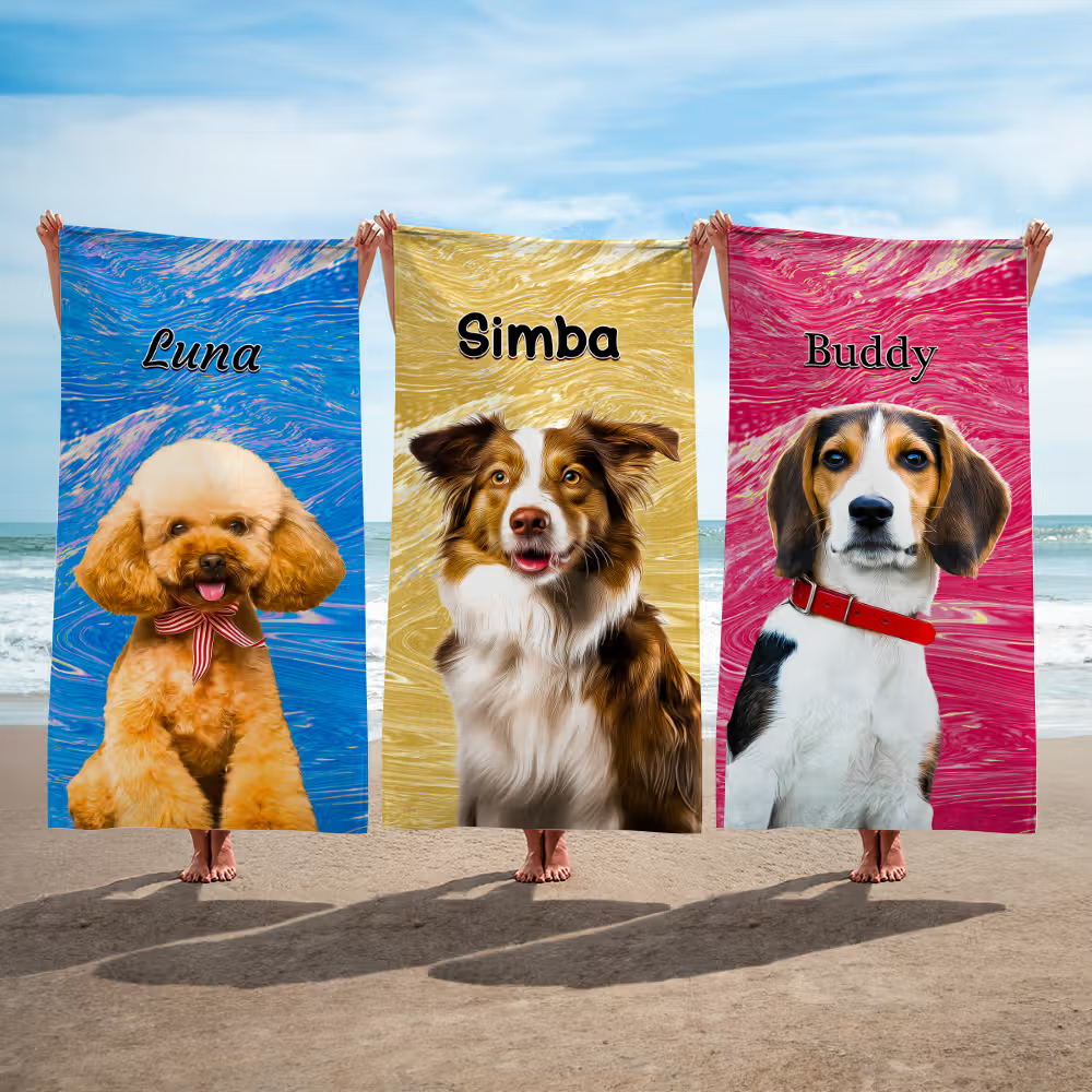 Personalized Pet Portrait Oil Painting Quick Dry Beach Towel with Name Birthday Gift for Pet Lovers