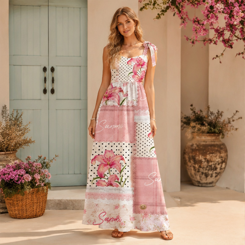 Personalized Vintage Floral Lace Plaid Spliced Print Tie Shoulder Long Sundress Romantic Cottagecore Pink Lily Dot Patchwork Vacation Maxi Dress