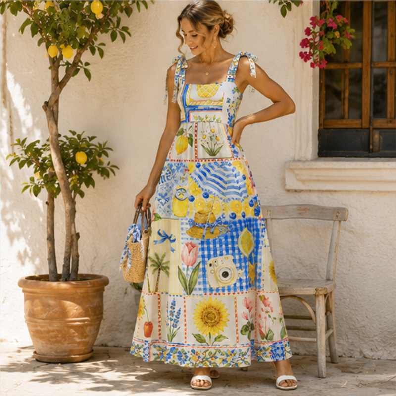 Personalized Mediterranean Lemon Floral Patchwork Bow Tie Strap Square Neck Maxi Dress Blue Gingham Sunflower Fruit Tile Spliced Print Tie Shoulder Long Sundress