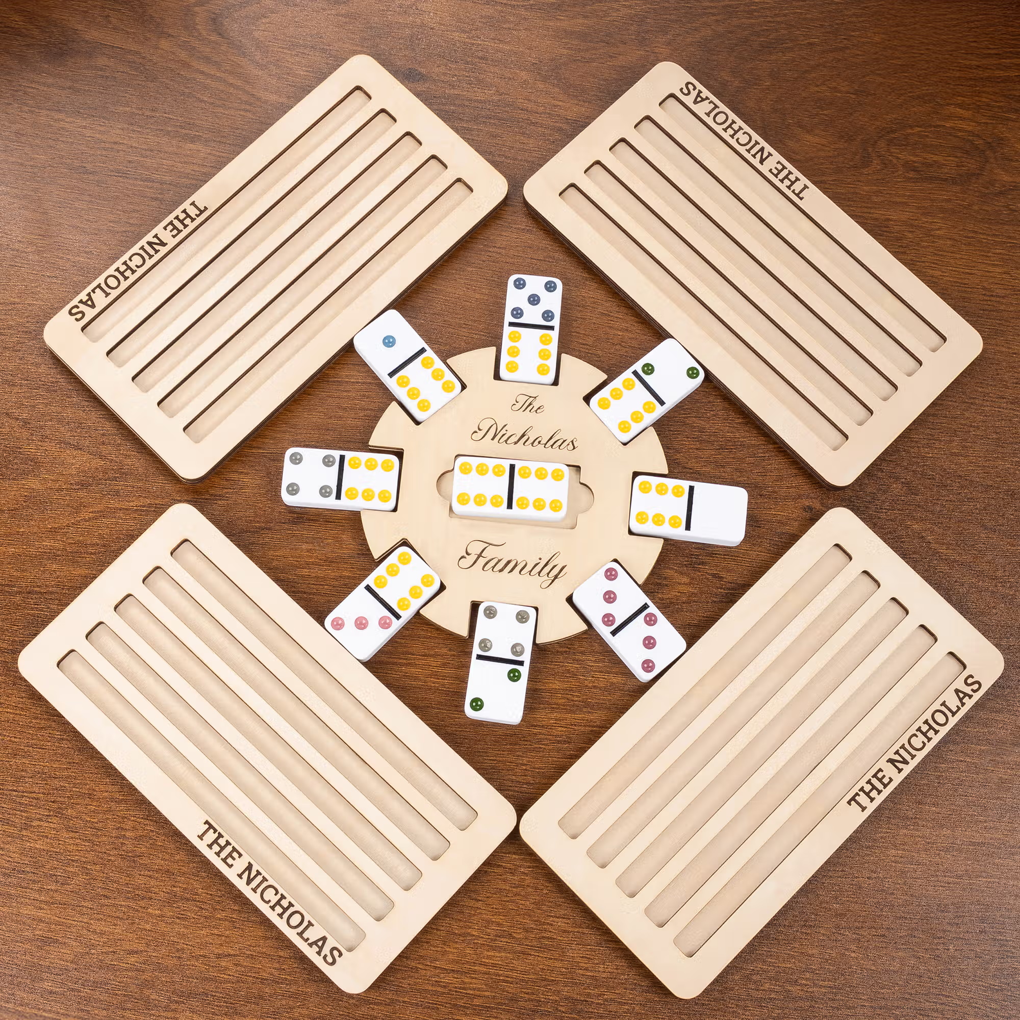 Custom Wooden Mexican Train Domino Hub & Holder - Engraved Basswood Set 11 or 15 Holder, Gift for Family