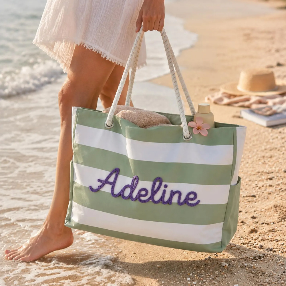  Personalized Waterproof Pool Tote Custom Beach Bag with Zipper Embroidered Girls Trip Striped Canvas Tote Bag Summer Vacation Gift for Her