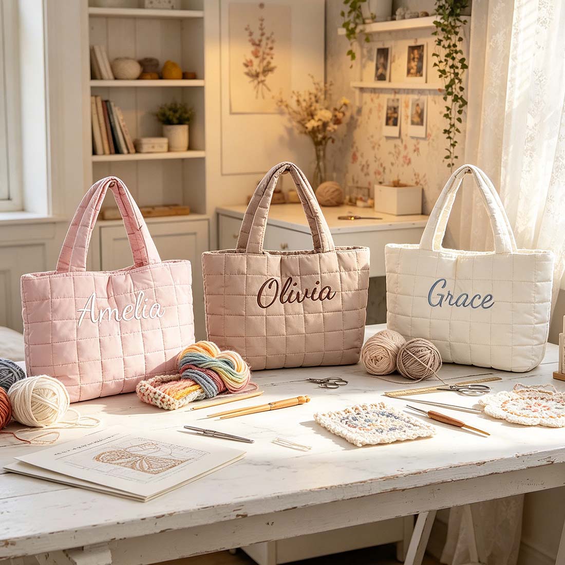 Personalized Crochet Tool Storage Tote Bag, Nylon Quilted Tote Bag, Custom Embroidered Name Shoulder Tote
