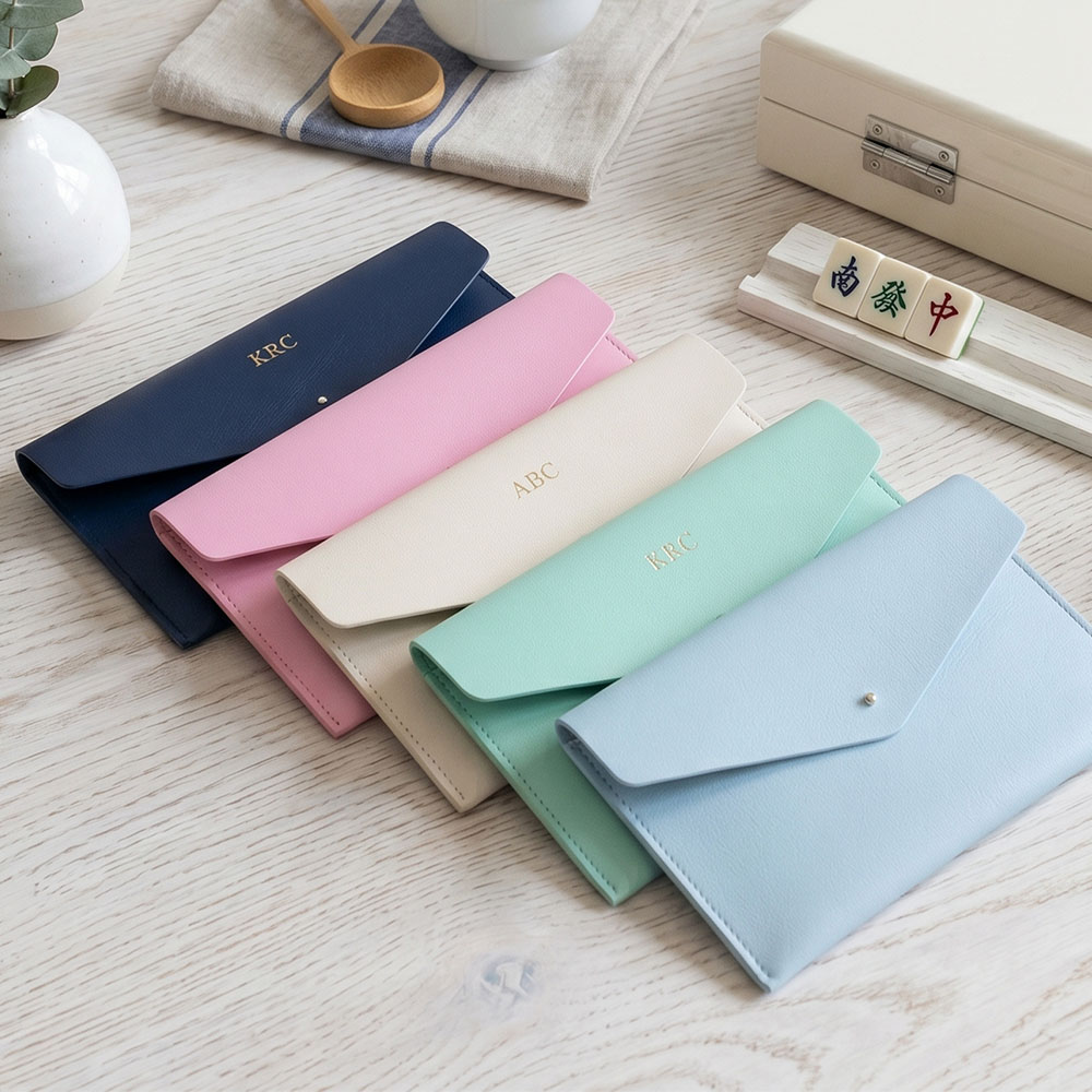 Mahjong Card Case Personalized Gift Monogram Holder Leather Clutch Card Storage Game Accessory Custom Design Embossed Initials