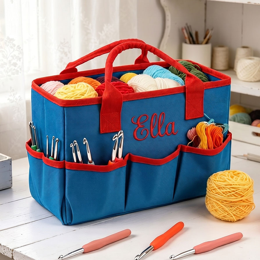 Personalized Crochet Tool Storage Tote Bag Embroidered Gingham Tote Bag Custom Name Premium Oxford Cloth Tote Reusable Storage Bags