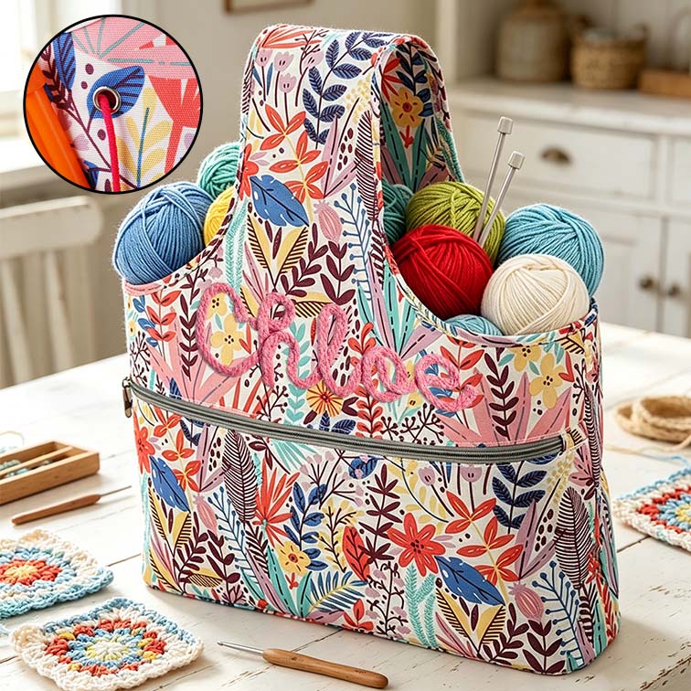 Personalized Chenille Name Crochet Tool Storage Tote Bag Drawstring Inner Pocket a Tote Bag Large Capacity Storage Bag for Knitted and Crochet Items with 3 Accessory Pockets