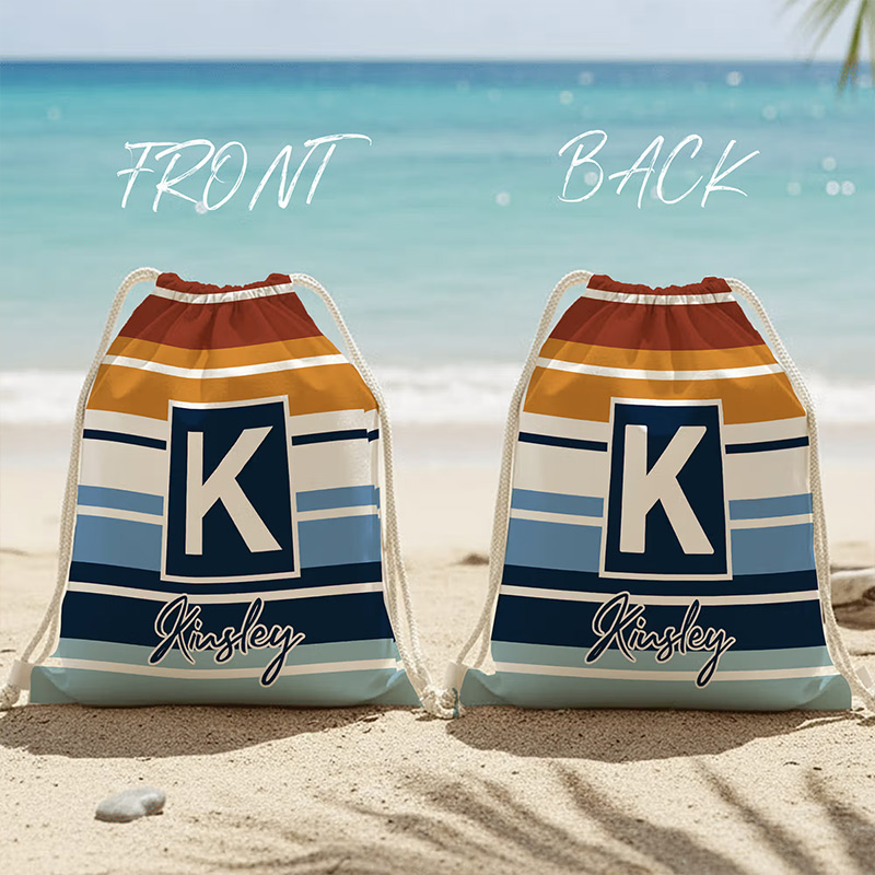 Striped Drawstring Beach Backpack with Name and Initial Beach Party Birthday Gift for Friends Adults