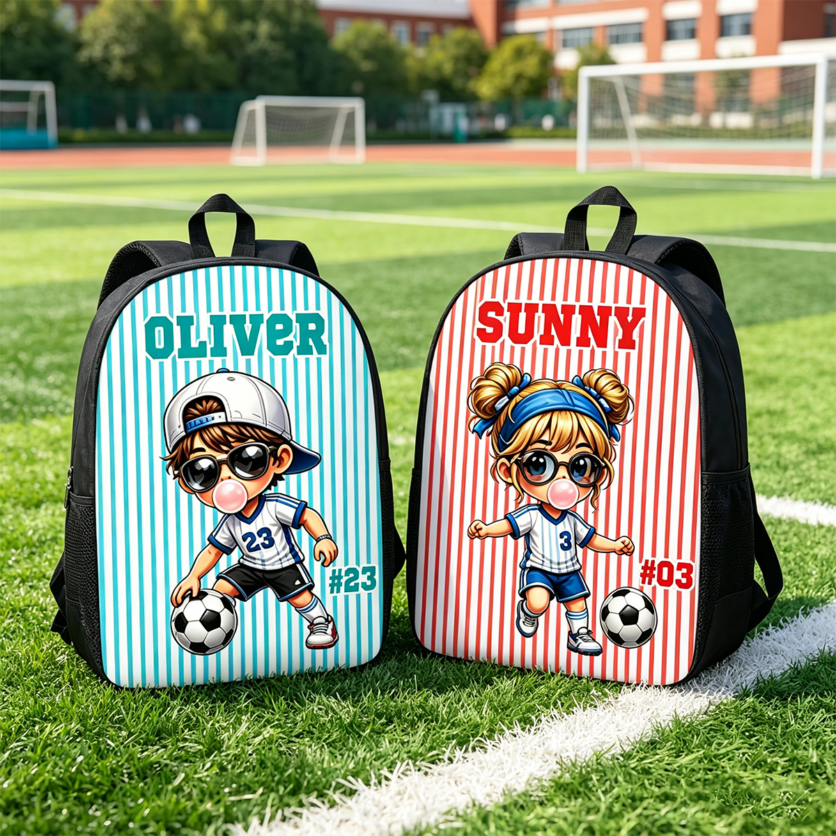 Personalized Stripes Cartoon Soccer Kid Character Backpack with Name Back to School Birthday Gift for Boys Girls