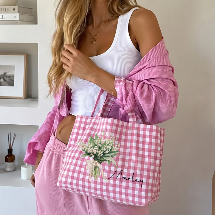 Personalized Crochet Tool Storage Tote Bag Gingham Tote Bag Custom Name Canvas Tote Reusable Shopping Bag