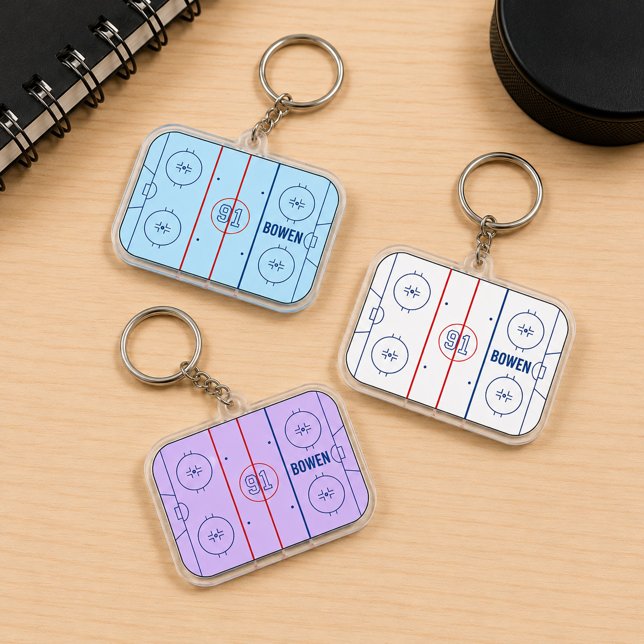 Personalized Ice Hockey Rink Keychain – Custom Name & Jersey Number Gift for Hockey Players and Fans