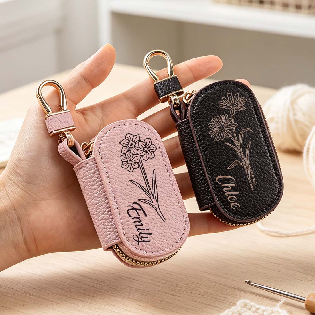 Personalized Knitting Crochet Notions Bag Mini Storage Bag Stitch Markers Point Protectors Tools Custom Name with Birth Flower