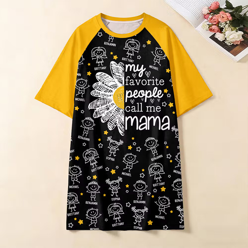 Personalized 1-12 Cartoon Line Art Kids Nightgown with Names and Side Pocket Daily Wear Mother's Day Birthday Gift for Grandma Mom