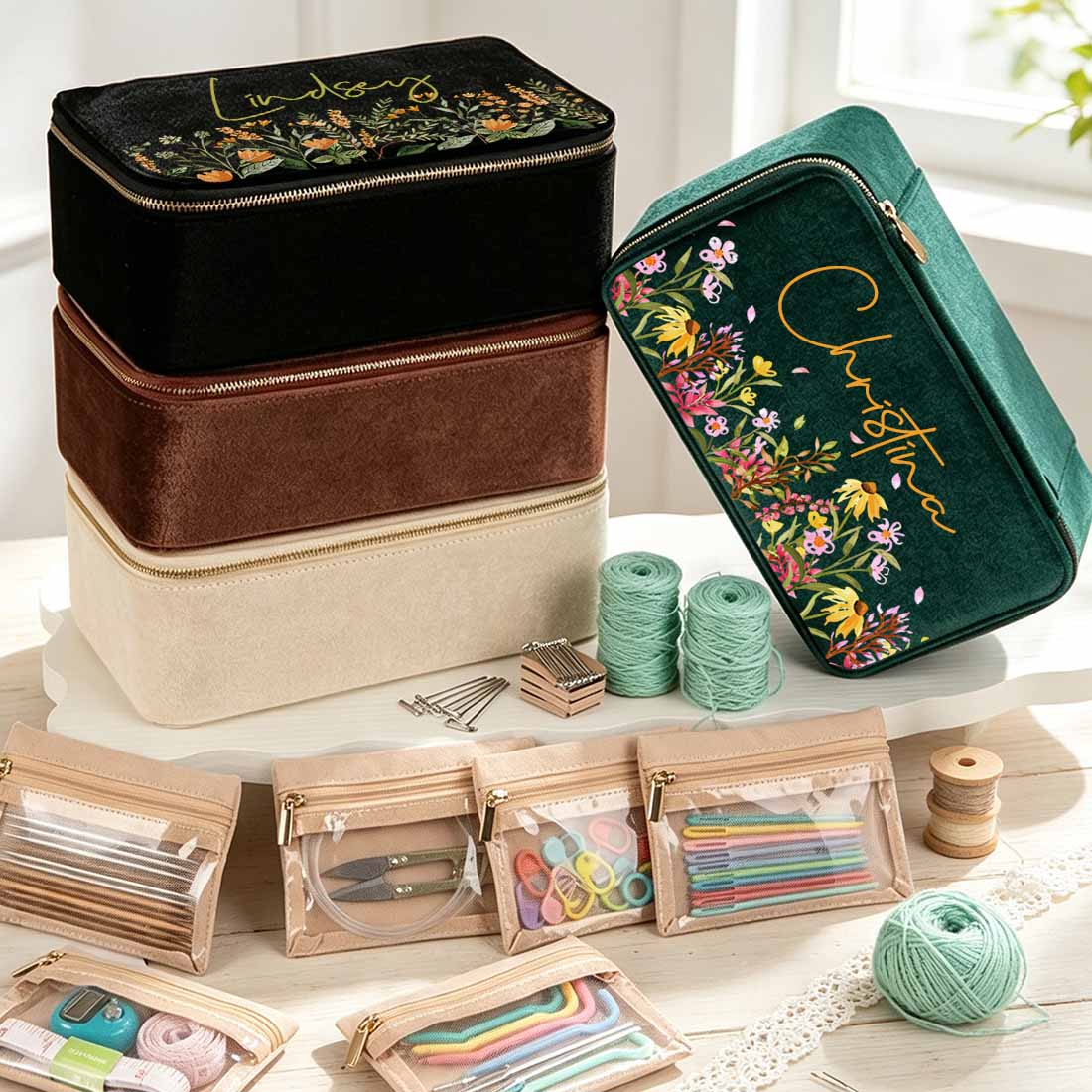 Personalized Plush Velvet Knitting Crochet Notions Case Box Portable Storage Box Section Stitch Markers Custom Name with Birth Flower