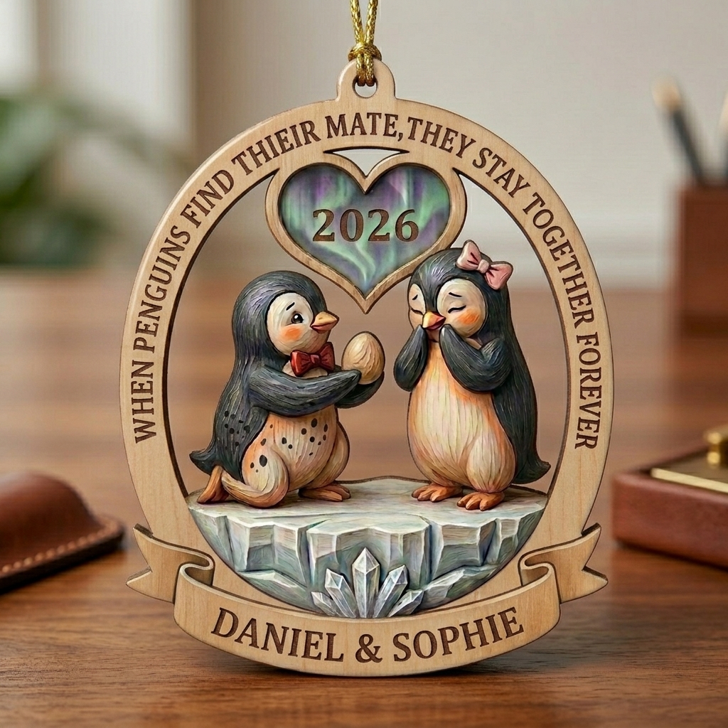 Personalized Penguin Couple Christmas Ornament 2026 Wedding Couple Ornament Custom Names Acrylic Tree Ornament For Newlyweds Couple Gift