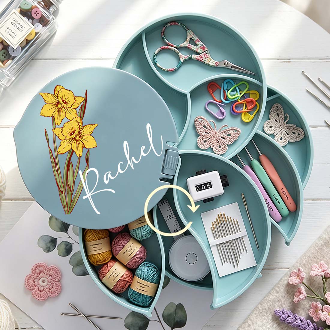 Personalized Knitting Crochet Notions Case Storage Box Rotating Multi-Layer Compartment Crochet Tool Case Custom Name with Birth Flower
