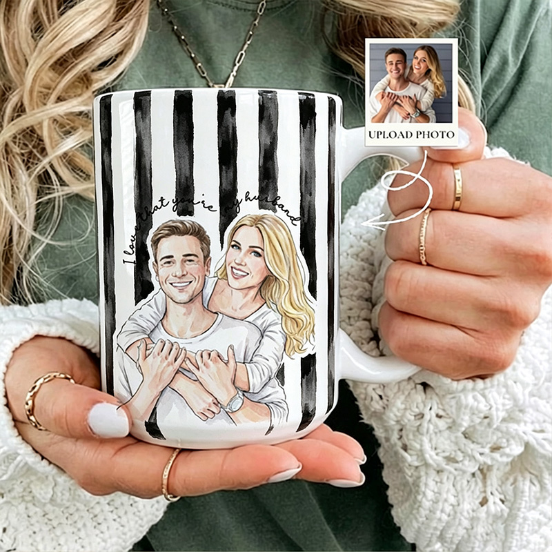 Personalized Watercolor Couple Photo Mug Stripe Custom Picture Coffee Cup Gift For Husband Wife Anniversary Valentine’s Day Gift for Her