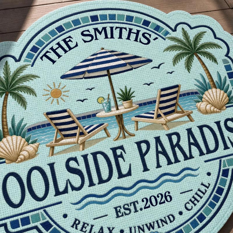 Personalized Poolside Shaped Doormat Cuatom Family Summer Vacation And Travel Gifts For Mom Dad Brother Sister Welcome To Paradise