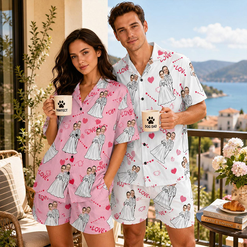 Personalized Wedding Face Pajama Set Personalized Couple Matching Pajamas Funny Bride Groom Sleepwear Newlywed Gift