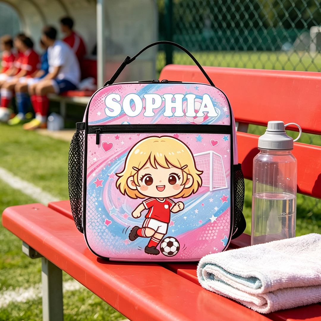 Personalized Soccer Theme 3D Cartoon Character Lunch Bag with Photo and Name Back to School Birthday Gift for Boys Girls