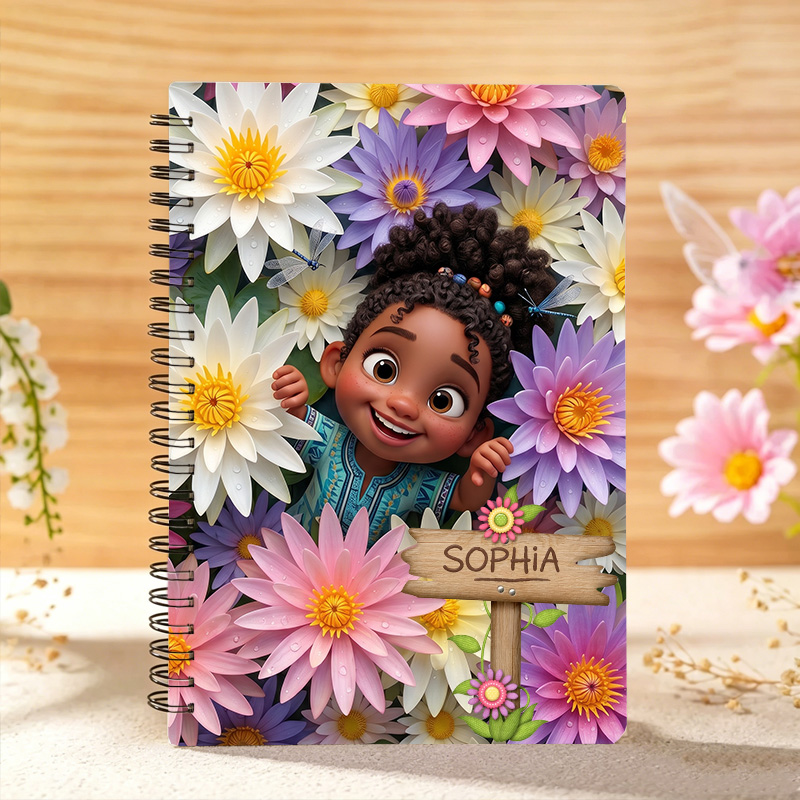 Personalized Cute Cartoon Girl Birth Flower Custom Name Notebook for Children