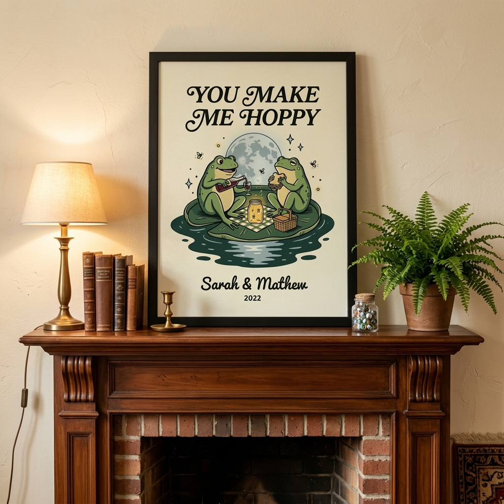 Personalized You Make Me Hoppy Frog Couple Wall Art Couple Canvas Frog Print Poster Romantic Love You Longer Wall Decor Anniversary  Gift Couple Frog Home Decor