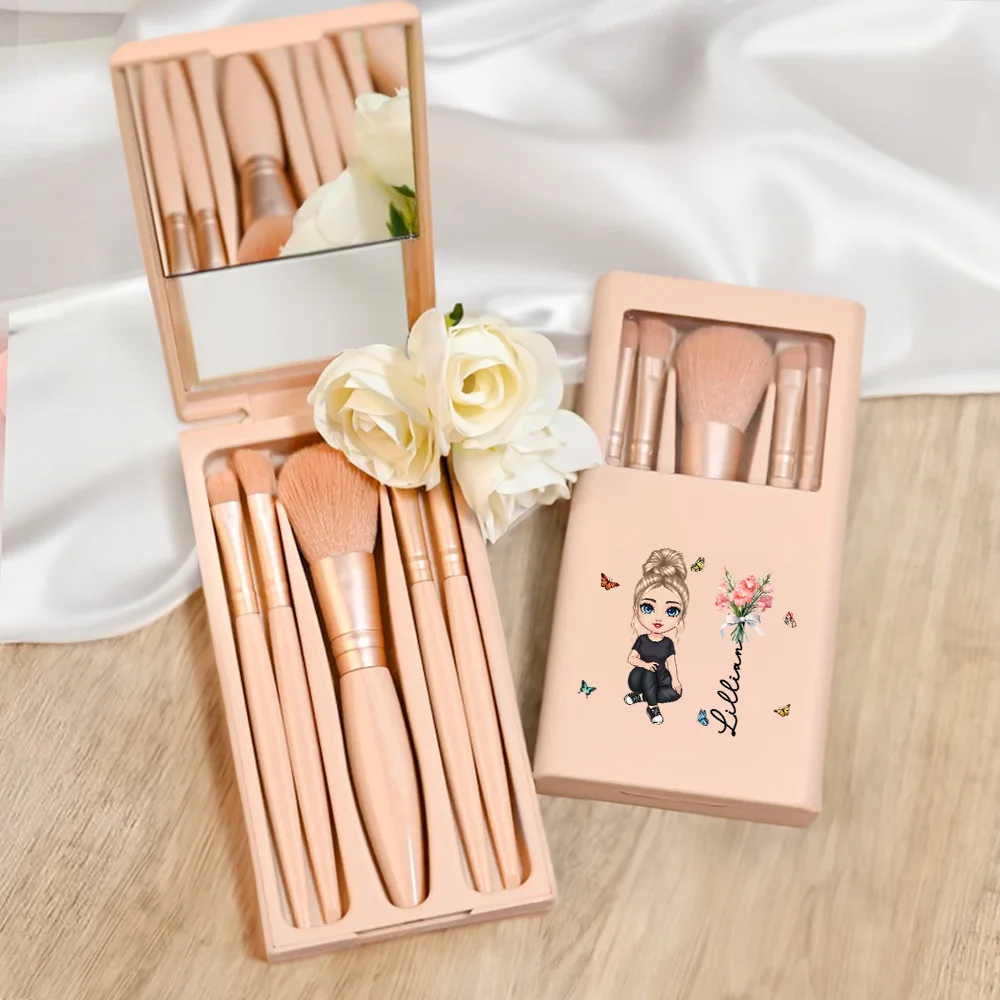 Personalized Birth Flower Bouquet Name Cartoon 5 Pcs Makeup Brush Bridesmaid Gift Storage Box Set with Mirror Birthday Bridal Shower Gift for Her