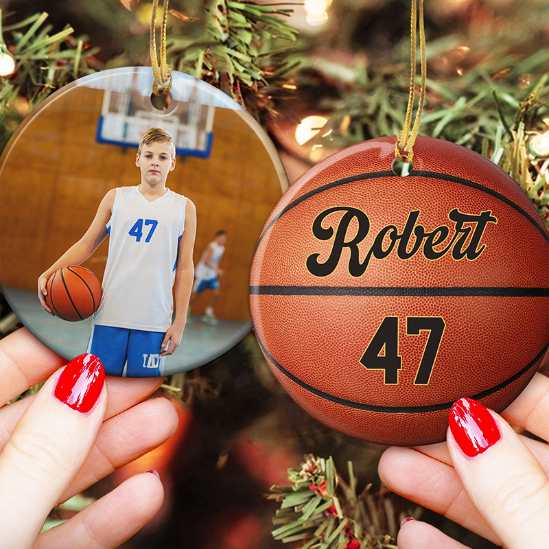 Personalized Sports Christmas Ornament with Custom Photo Name and Number Design for Basketball Soccer Softball Tennis and Football