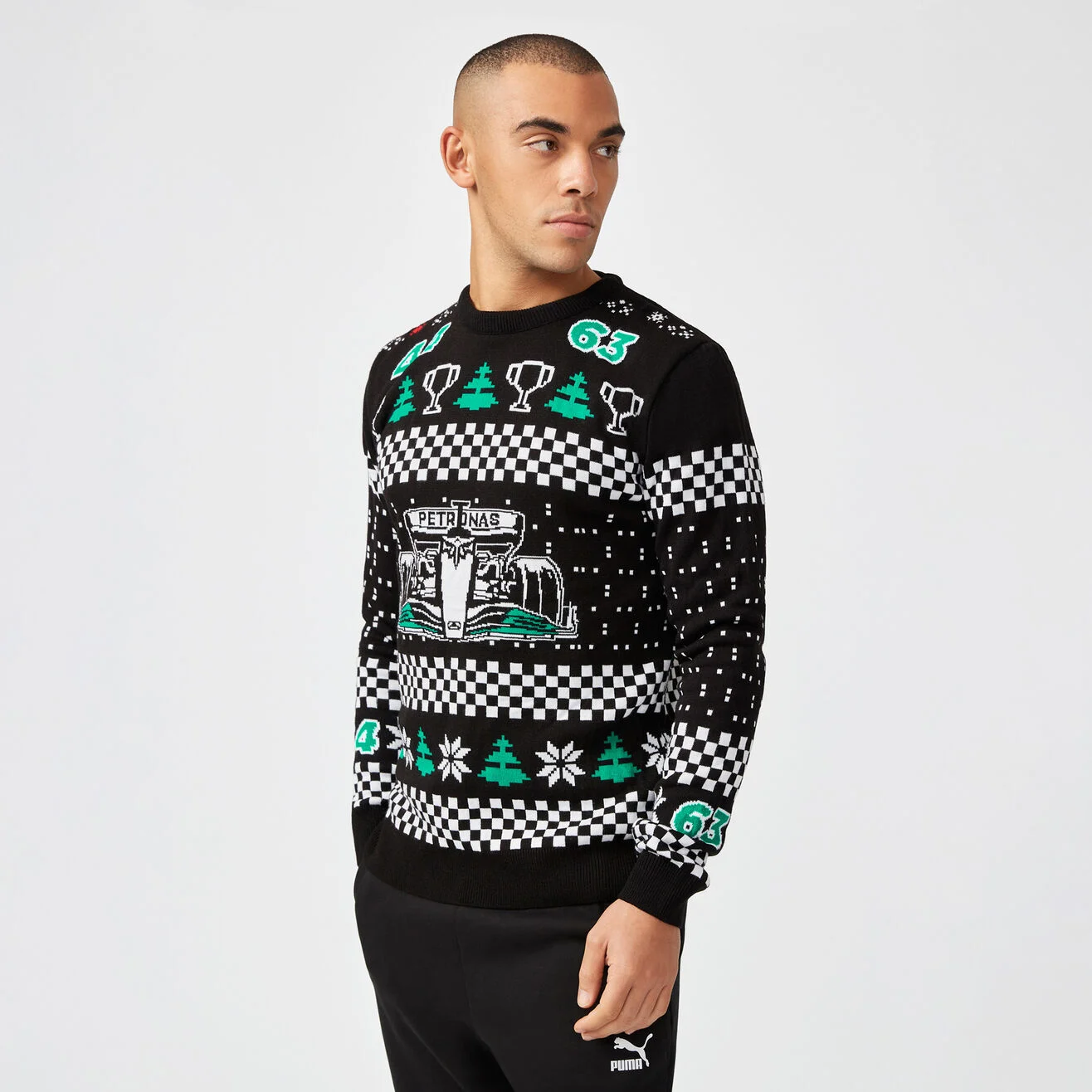 F1 Team Ugly Christmas Knit Jumper, Festive Motorsport Holiday Sweater with F1 Race Car, Checkered Flag, Snowflake & Christmas Tree Jacquard Pattern, Gift for F1 Racing Fans