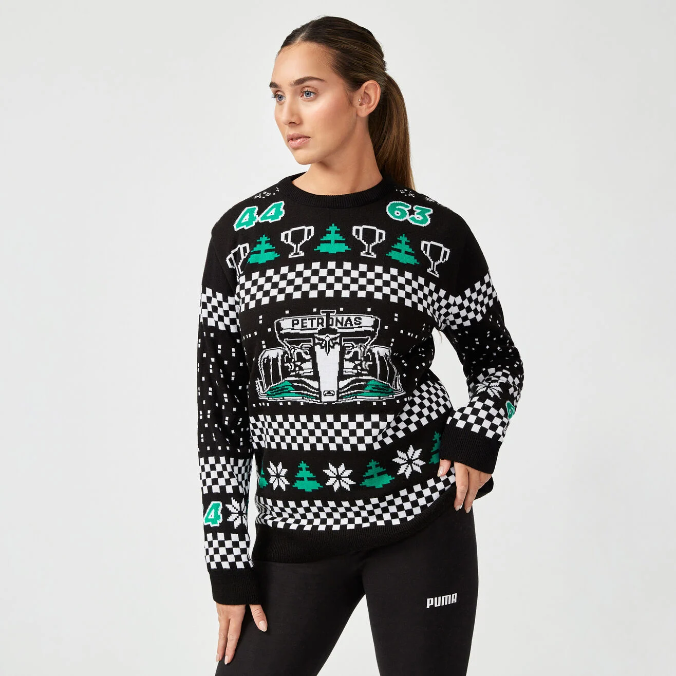 F1 Team Ugly Christmas Knit Jumper, Festive Motorsport Holiday Sweater with F1 Race Car, Checkered Flag, Snowflake & Christmas Tree Jacquard Pattern, Gift for F1 Racing Fans
