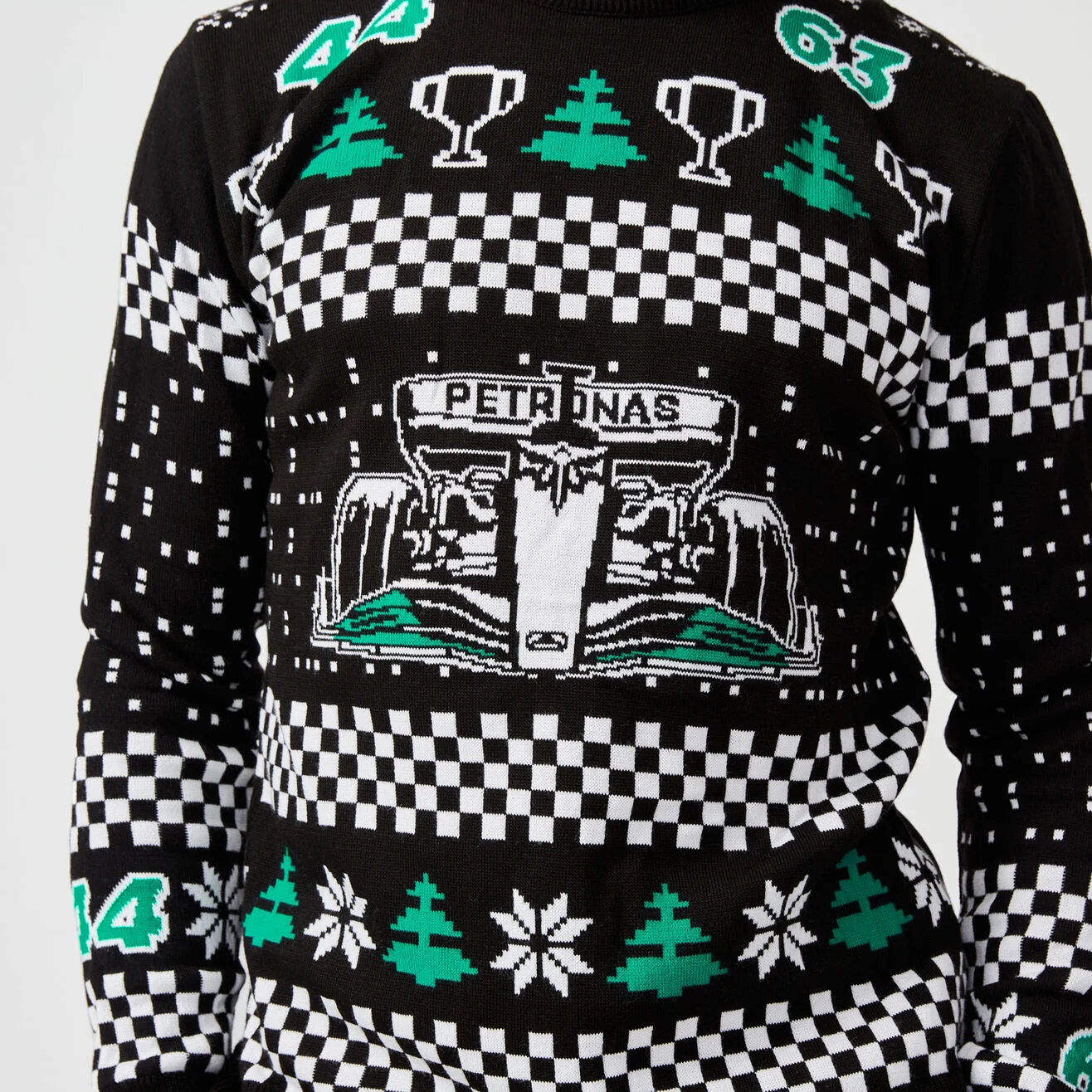 F1 Team Ugly Christmas Knit Jumper, Festive Motorsport Holiday Sweater with F1 Race Car, Checkered Flag, Snowflake & Christmas Tree Jacquard Pattern, Gift for F1 Racing Fans