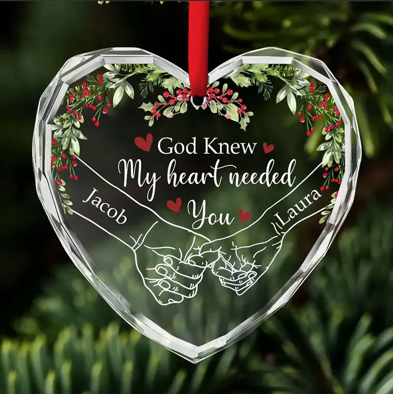 Personalized God Knew My Heart Needed You Couple Heart Christmas Glass Ornament with Custom Names Romantic Holiday Gift Anniversary Gift for Couple