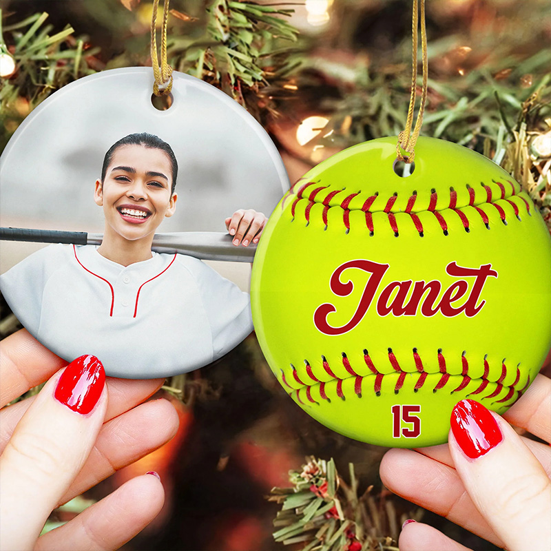 Personalized Sports Christmas Ornament with Custom Photo Name and Number Design for Basketball Soccer Softball Tennis and Football
