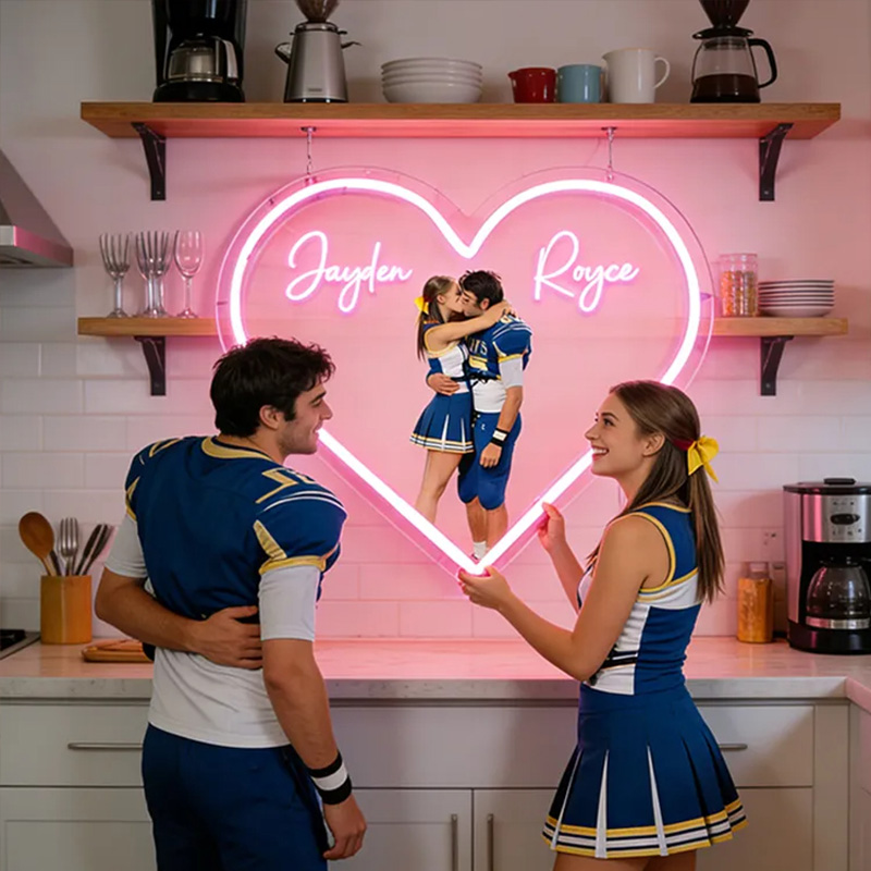 Personalized Football Player Couple Heart Neon Sign with Names and Photo for Romantic Valentine’s Day Decor