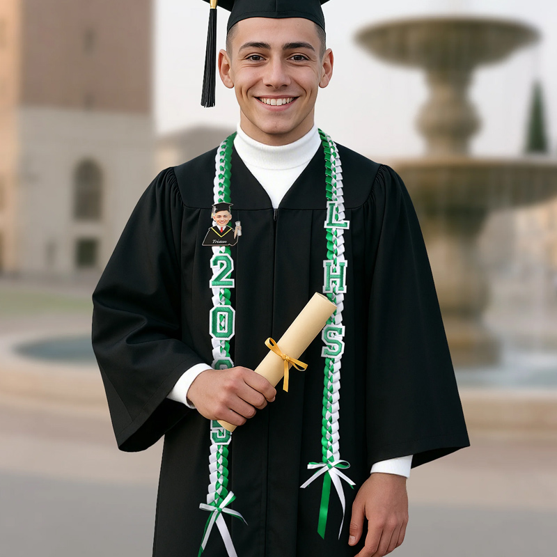 Personalized Cartoon Character Face Photo Bow Two-Colored Braided Ribbon Lei with Name Year and School Graduation Gift for Graduates