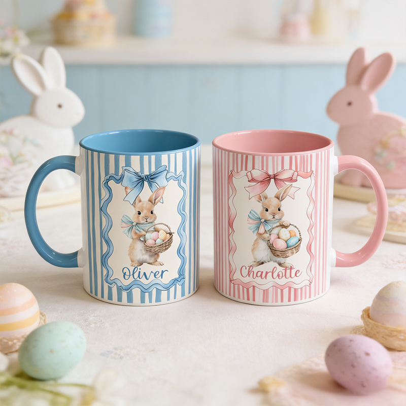 Personalized Cute Easter Egg Bunny 11 oz Accent Mug Custom Name Accent Mug Kids Spring Gift