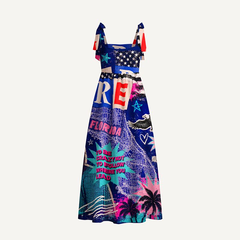 Personalized Pop Art Independence Day Maxi Dress Tie-Shoulder Custom Name Photo and State with Statue of Liberty Print for Patriotic