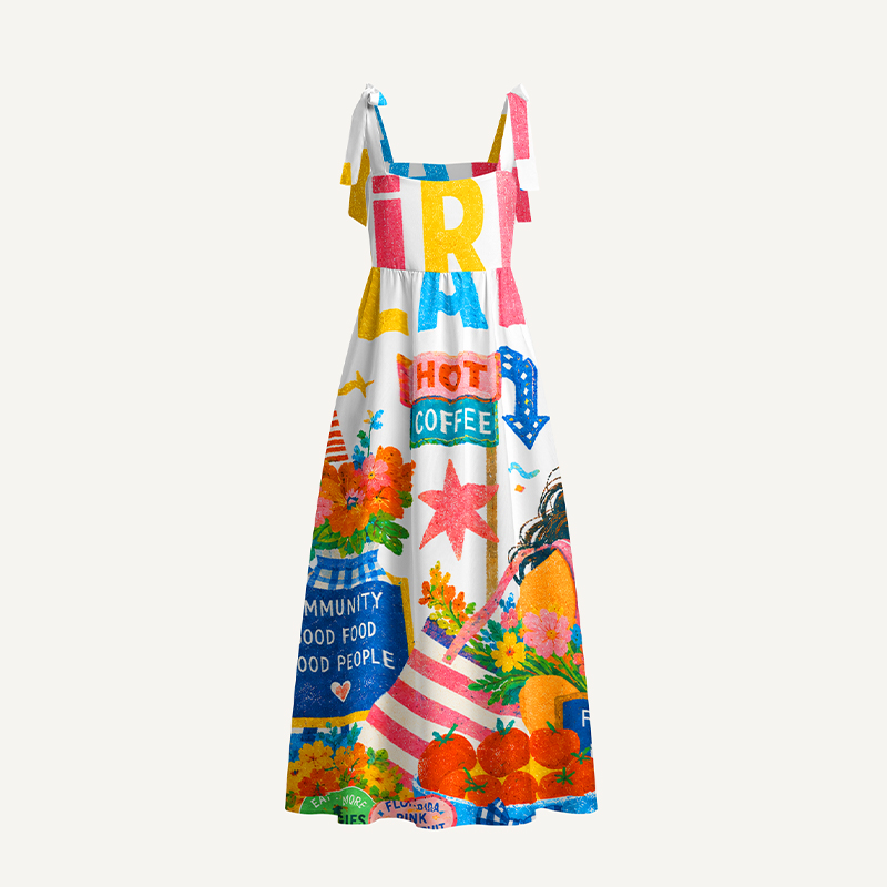 Personalized Colorful Illustrations Maxi Dress Tie-Shoulder Custom Name and Photo Casual Summer Sundress