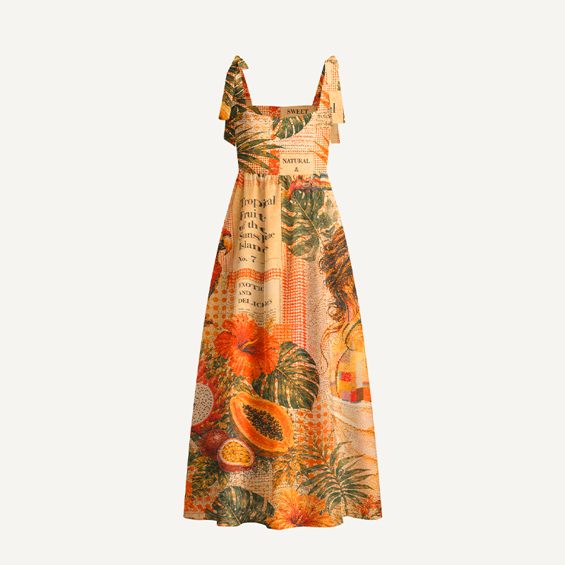 Personalized Vintage Tropical Collage Print Maxi Dress Tie-Shoulder Custom Name and Photo Summer Vacation Dress