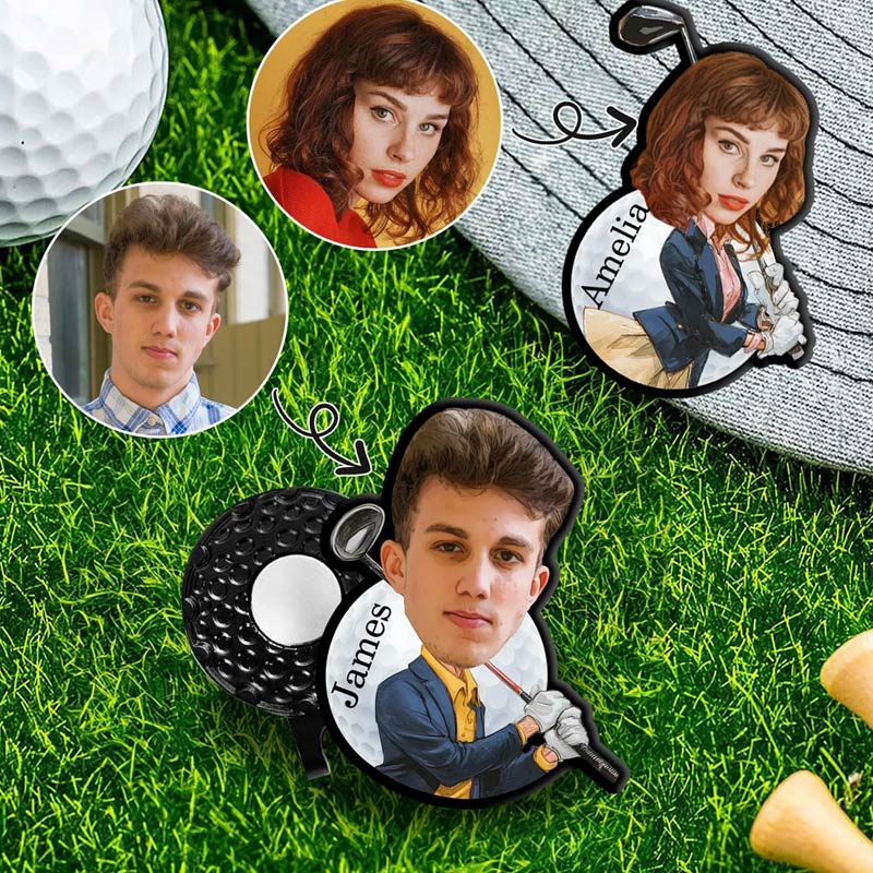 Personalized Face Photo Golf Character Golf Ball Marker Magnetic Hat Clip with Name Gift for Golf Players Lovers