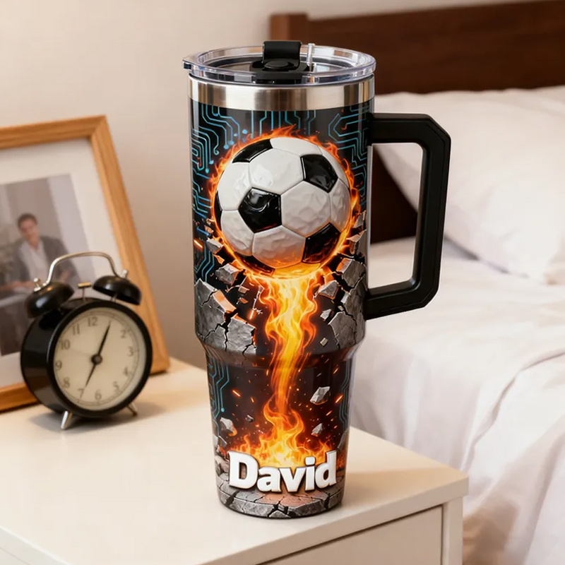 Personalized Soccer Tumbler with Custom Name and Flaming Ball Design for Fans and Athletes