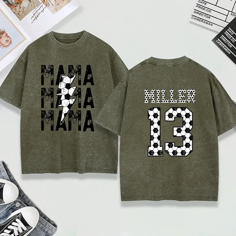 Personalized Washed T-Shirt "Mama" Soccer with Custom Name and Number Design