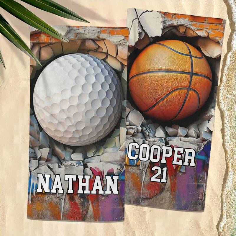 Personalized Basketball Baseball Crack Wall Oversized Quick Dry Beach Towel with Name and Number Beach Accessories Birthday Gift for Sport Lovers