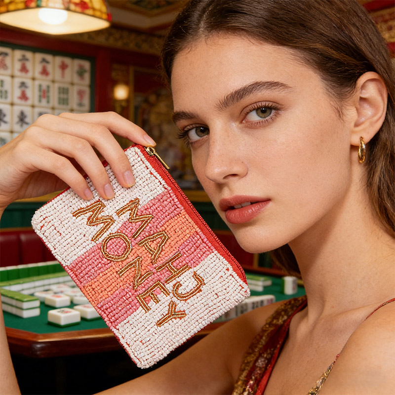 Pink and White Stripes Mahj Money Mahjong Coin Purse Rice Bead Coin Purse Cash Coin Purse